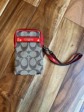 Coach Brown Signature Canvas Wristlet with Red Trim